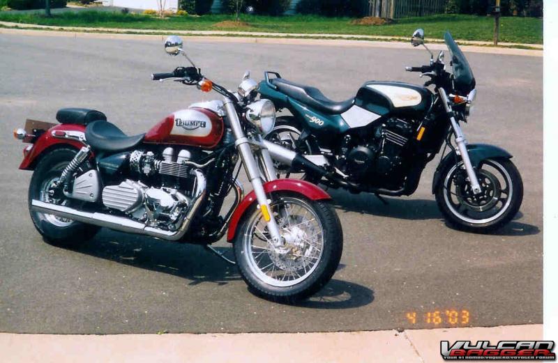 The GS850 was replaced by this 1995 Trident which was replaced by the 2003 Bonneville America.  Bad move. The Trident was a great machine but my back couldn't take it for more than 15 minutes. I should have modified it to fit and kept it.