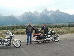 Sam's BIG ASSED BIKE TRIP 09..last part 007 
 
Myself (left) and my big brother (& his little dog "Clyde")..North Of Jackson, Wyoming ..The TETONS...